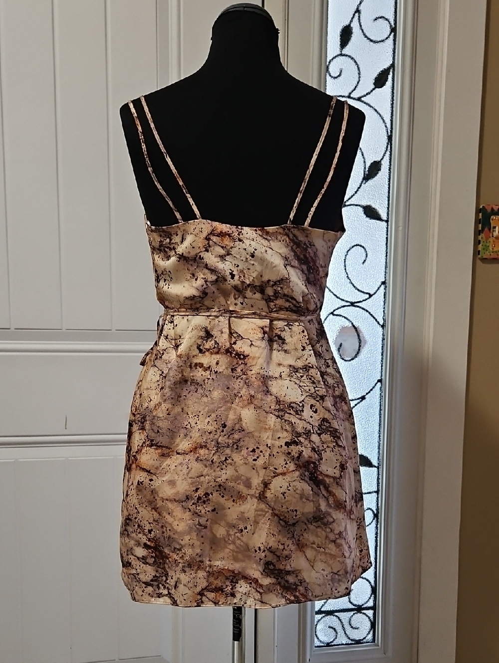 Zara Beige Marble Print Sateen Wrap Mini Dress XS W/ Double Spaghetti Straps - Picture 4 of 13
